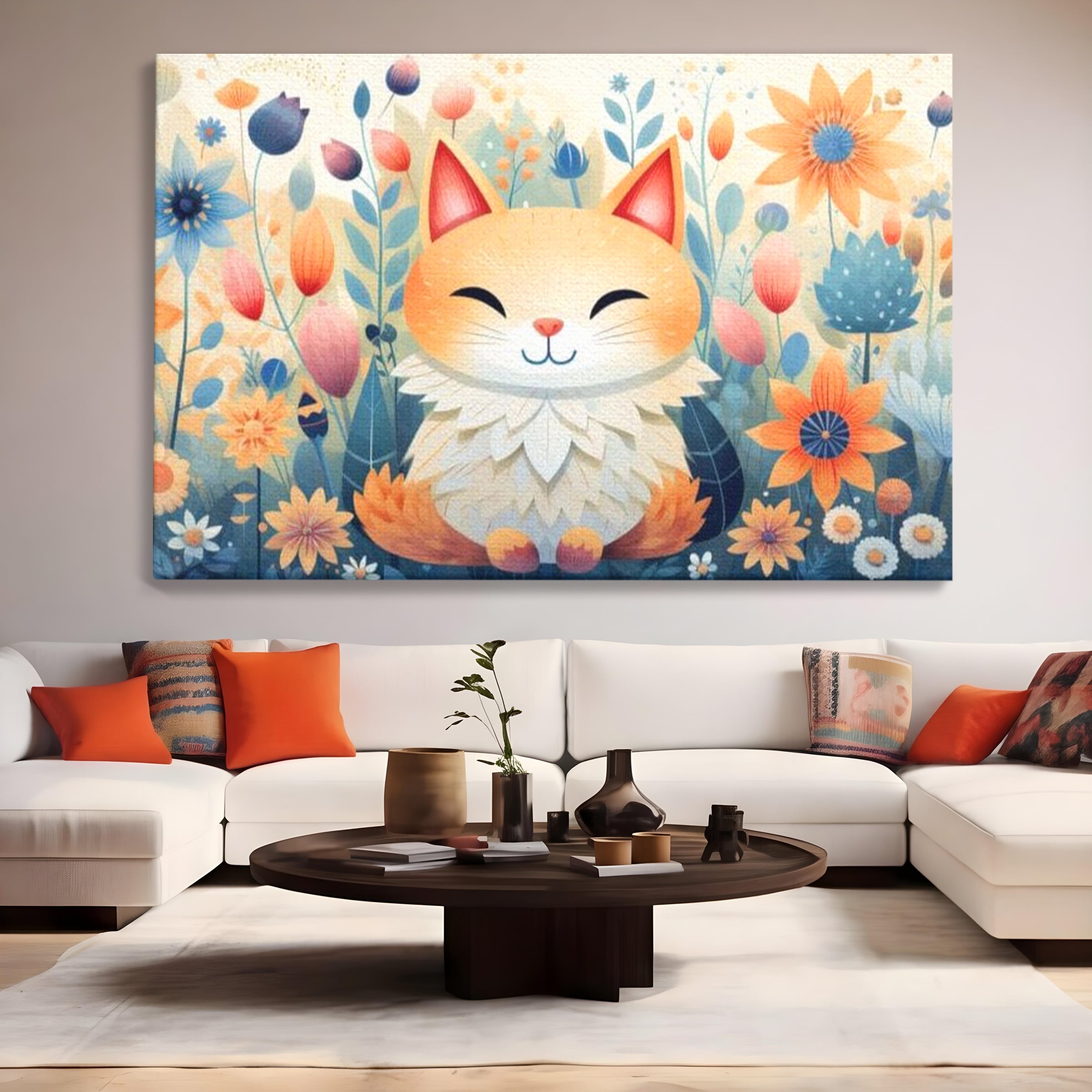 Tablou canvas cu tablou canvas cu pisicuta in gradina cu flori, fara rama, pe sasiu de lemn, pe perete intr-un living